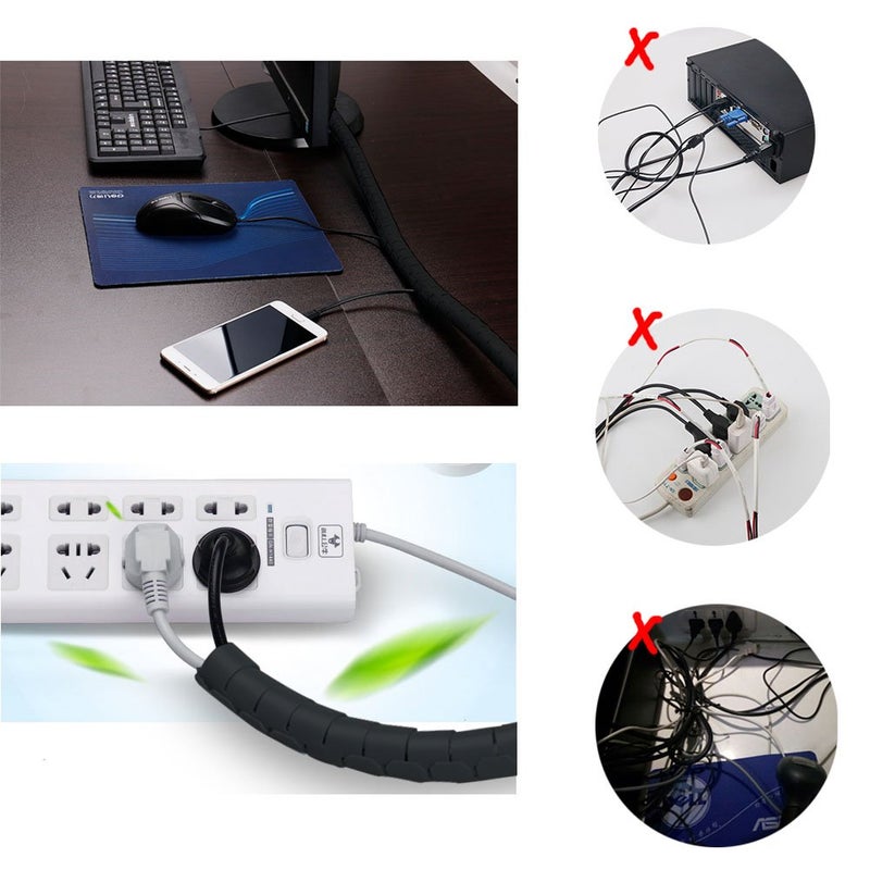 VIWIEU Black Computer Cable Management Wire Cover Electrical Cord Hider Solutions 2 PCS, VIWIEU Tangle Sprial Cable Tube with 4 Adhesive Cable Clips for TV Laptop Floor Home & Office - Image 2